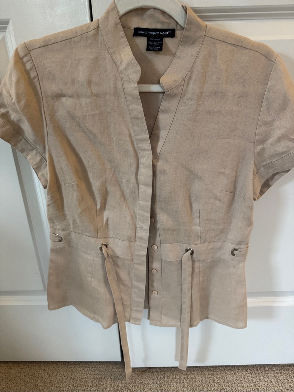 Saint Tropez West Taupe Button-Front Drawstring Linen Blend Top